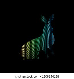 silhouettes of hares with circle of small circles halftone effect with iridescent color and wavy distortion on a black background. 