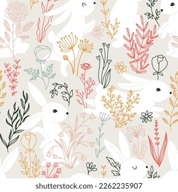 Silhouettes of hares and rabbits in grass and flowers. Hand-drawn doodle one line illustration in simple naive style. Cute characters are hiding in the plants. Vector print for the nursery