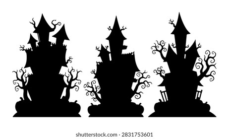 Silhouettes of haunted houses with twisted trees create a spooky night scene perfect for Halloween themes.