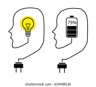 Silhouettes a head in the form of a wire connected to a light bulb. The level of knowledge in the form of a charge indicator