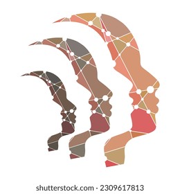 Silhouettes of the head of men. Mental health relative brochure or report design template. Scientific medical designs. Teamwork and communication concept. Connected lines with dots.
