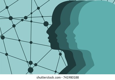 Silhouettes Of The Head Of Men. Mental Health Relative Brochure Or Report Design Template. Scientific Medical Designs. Teamwork And Communication Concept. Connected Lines With Dots.