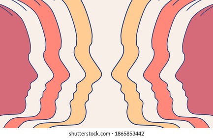 Silhouettes of the head of men. Teamwork and communication concept. Thin line style