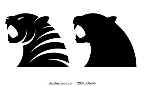 Silhouettes of head of roaring angry tiger with open mouth and sharp teeth. Symbol, emblem of new year 2022. Simple black and white vector isolated on white background