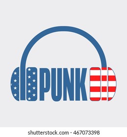 Silhouettes of headphones with punk text. Textured by USA flag