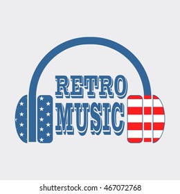 Silhouettes of headphones with retro music text. Textured by USA flag