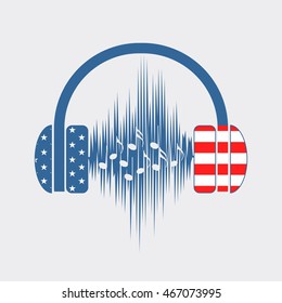 Silhouettes of headphones with sound wave. Textured by USA flag