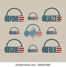 Silhouettes of headphones with text. Textured by USA flag. Various music genres