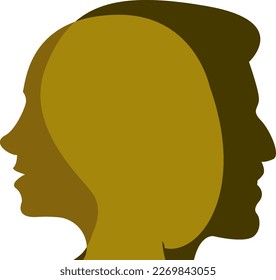 The silhouettes of the heads of men and women merge. Brown and yellow colors. 