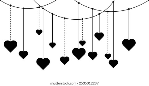 Silhouettes of Hearts Hanging from Above Decoration. Valentines day international holiday celebration design element vector
