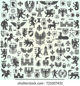 Silhouettes Of Heraldic Design Elements. Big collection of vector high quality shapes for heraldic projects