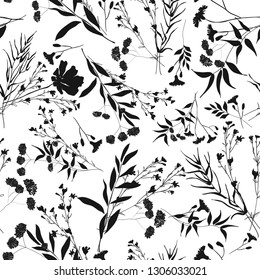 Siluetas herbario monocromo estampado floral sin fisuras. Ramas silvestres, hojas, flores. Muchos tipos de plantas esparcidas al azar. Ilustración vectorial botánica en blanco. Diseño, moda, impresiones, tela