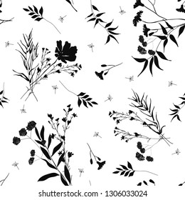 Siluetas herbario monocromo estampado floral sin fisuras. Ramas silvestres, hojas, flores. Muchos tipos de plantas esparcidas al azar. Ilustración vectorial botánica en blanco. Diseño, moda, impresiones, tela