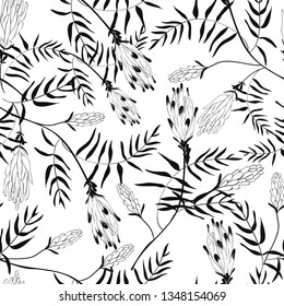 Silhouettes herbarium monochrome floral seamless pattern. Wild branches, leaves, flowers. Beautiful field plant scattered random. Botanical vector illustration on white. Design, fashion, print, fabric