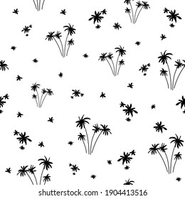 Silhouettes herbarium monochrome floral seamless pattern. Wild branches, flowers, palms scattered random. Botanical vector illustration on white.