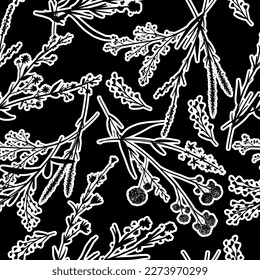 Siluetas herbario monocromo patrón sin costuras florales. Ramas silvestres únicas dibujadas a mano, hojas, flores esparcidas al azar. Ilustración de fondo negro del vector de flores silvestres botánicas