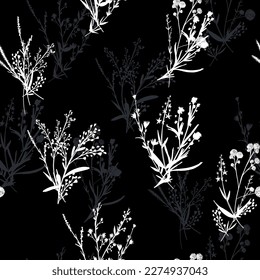 Siluetas herbario monocromo patrón sin costuras florales. Ramas silvestres únicas dibujadas a mano, hojas, flores esparcidas al azar. Ilustración de fondo negro del vector de flores silvestres botánicas