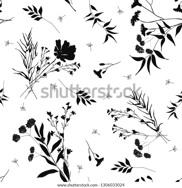 シルエット ハリウムのモノクロのシームレスな花柄 野生の枝葉花 多くの植物がランダムに散らばっている 白い背景に植物のベクターイラスト デザイン ファッション プリント ファブリック のベクター画像素材 ロイヤリティフリー
