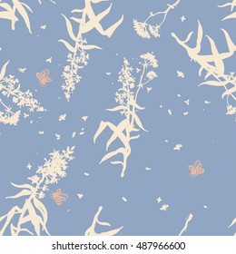 Silhouettes of herbs, flowers and bee on background. Summer, Spring, Fall. Seamless pattern.
