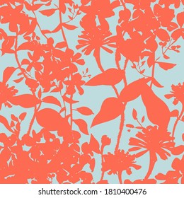 Silhouettes of herbs and meadow wildflowers. Botanical seamless pattern. Modern summer background in nature motif. Floral shadows. Imprint plants. Designed for fabric, print for dress, clothes.