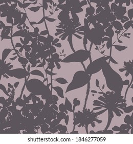 Silhouettes of herbs and meadow wildflowers. Botanical seamless pattern. Modern summer background in nature motif. Floral shadows. Imprint plants. Designed for fabric, print for dress, clothes.