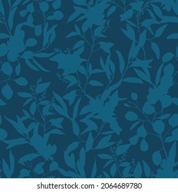 Silhouettes of herbs and meadow wildflowers. Botanical seamless pattern in shades of blue. Modern  background in nature motif. Floral shadows. Imprint plants. Designed for fabric, clothes, wallpaper