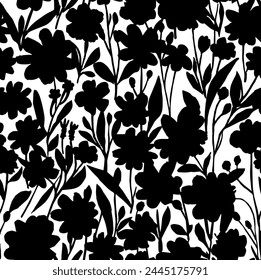 Silhouettes of herbs and meadow wildflowers. Botanical seamless pattern. Modern summer background in nature motif. Floral shadows. Designed for fabric, print for dress, clothes. Black and white.