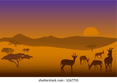 Silhouettes of herd of antelopes and a lion in savanna