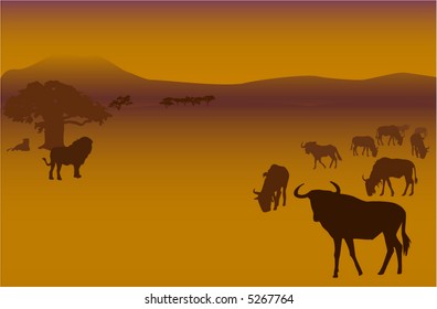 Silhouettes of herd of antelopes and lions in savanna
