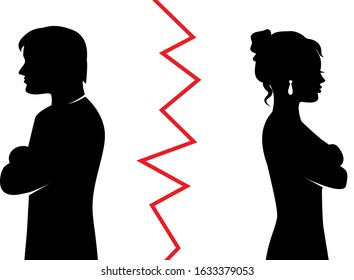 silhouettes of a heterosexual couple quarreled and turned away from each other and between the pair a red line