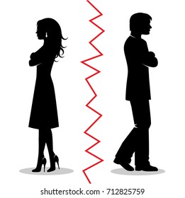 silhouettes of a heterosexual couple quarreled and turned away from each other and between the pair a red line