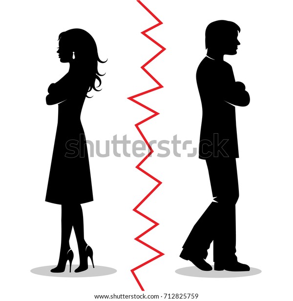 異性愛のカップルのシルエットが互いに離れ離れになり 2人の間に赤い線が描かれる のベクター画像素材 ロイヤリティフリー