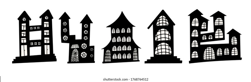 Silhouettes de castillos altos con ventanas. Edificios negros aislados de fondo blanco. Conjunto de casas de cuento de hadas