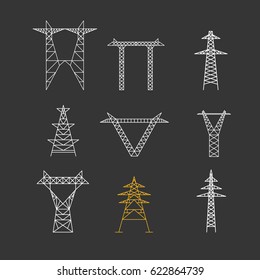 Silhouettes of High Voltage Electric Post Icon Set Thin Line on a Black Background Electricity Infrastructure Technology. Vector illustration