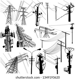 Silhouettes of high voltage or medium voltage poles and gsm communications with electrical transformers. 
Power tower vector format. Set of detaliled pylon structure which carry electricity.