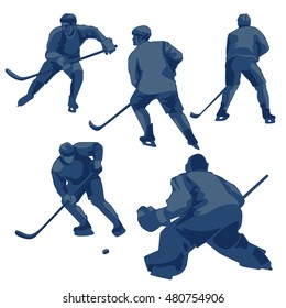 Silhouettes hockey players: defenders, forwards and goalkeeper. Sport action vector illustration.