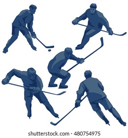 Silhouettes hockey players: defenders, forwards and goalkeeper. Sport action vector illustration.