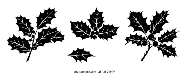 Silhouettes of Holly leaves and berries, December birth month flowers, traditional Christmas  decorative design elements. Vector monochrome illustrations isolated on white background.