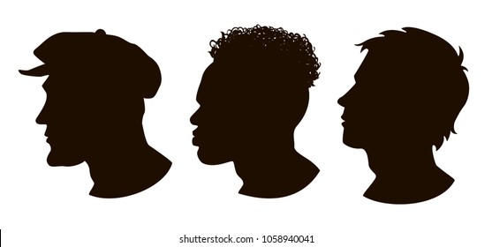 Silhouettes of Hooligan, African American, Sportsman. Men profile silhouettes.The contour of hair.
