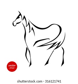 Silhouettes of horse with beautiful mane isolated on white background. Vector illustration.