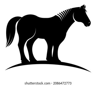 Silhouettes of horse full length. Emblem of equestrian center for horse breeding, agricultural farm. Simple black and white vector isolated on white background