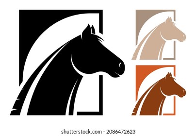 Silhouettes of horse head. Emblem of equestrian center for horse breeding. Simple black and white vector isolated on white background