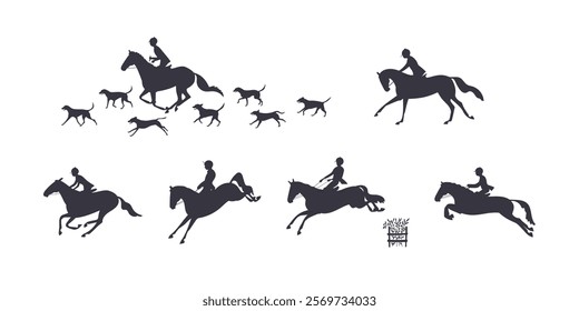 Silhouettes of horse riders, jumping horses, and hunting dogs in dynamic poses