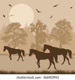 Silhouettes of horses in beautiful forest, vector illustration