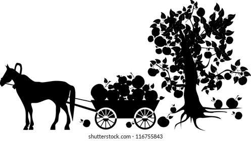 silhouettes of horses harnessed to a cart (the harvest of apples)