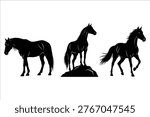 Silhouettes of horses in various poses and stances
