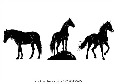 Silhouettes of horses in various poses and stances