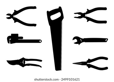 Silhouettes of household tools, pliers, saw, secateurs, wrench, nippers