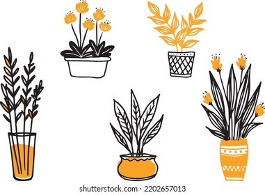 silhouettes of houseplants in black and white. Isolated potted plants on white. set of green tropical plants. trendy home decor with indoor plants, planters, cactus, and tropical leaves.