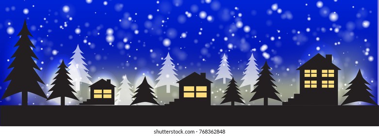 Silhouettes of houses against the sky. Christmas vector panoramic illustration.